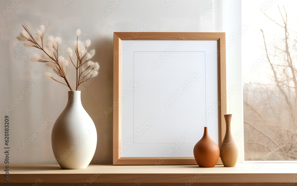 Minimalist interior design featuring an empty wooden frame mock-up beside a modern vase with dry floral arrangement on a wooden table. Generative AI.