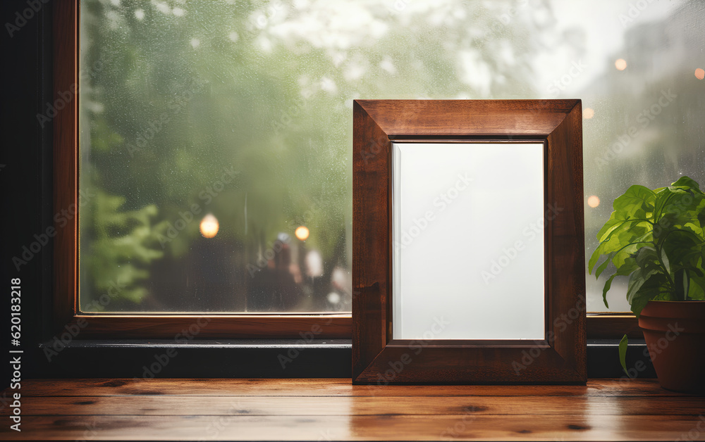 Minimalist interior design featuring an empty wooden frame mock-up beside a modern vase with dry floral arrangement on a wooden table on a moody rainy day. Generative AI.