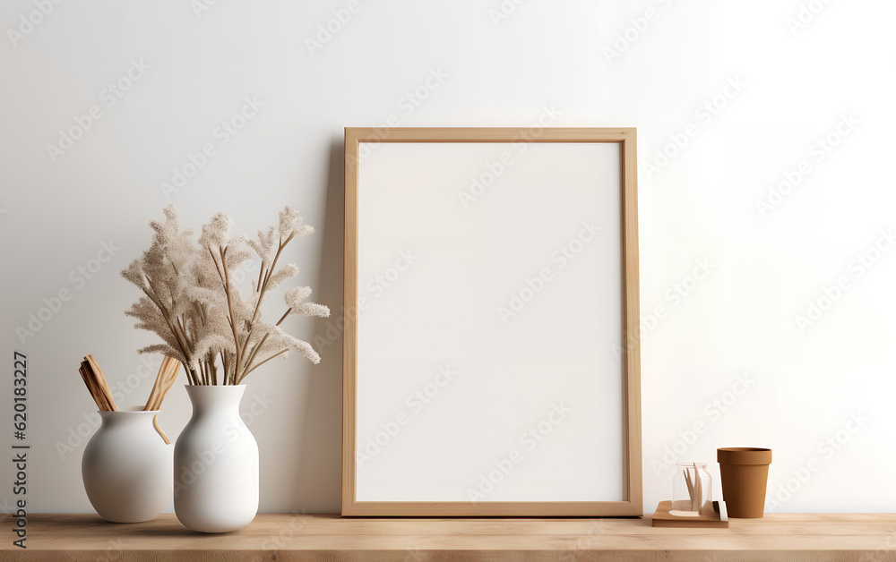 Minimalist interior design featuring an empty wooden frame mock-up beside a modern vase with dry floral arrangement on a wooden table. Generative AI.