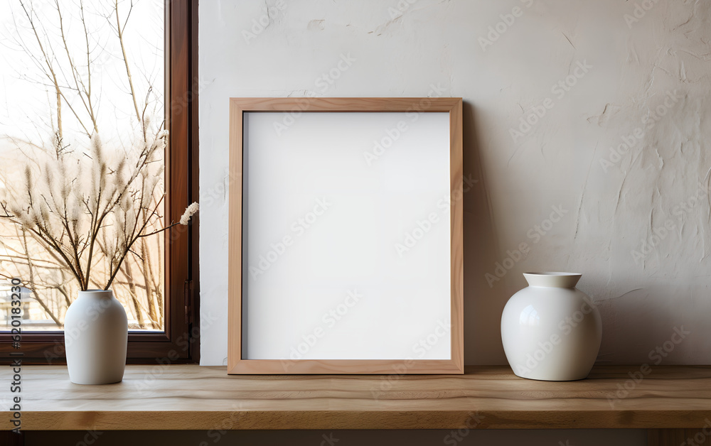 Minimalist interior design featuring an empty wooden frame mock-up beside a modern vase with dry floral arrangement on a wooden table. Generative AI.