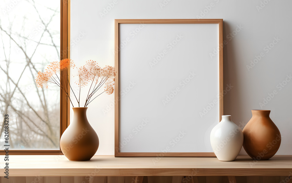 Minimalist interior design featuring an empty wooden frame mock-up beside a modern vase with dry floral arrangement on a wooden table. Generative AI.