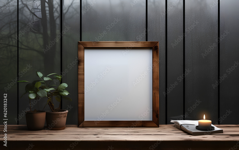 Minimalist interior design featuring an empty wooden frame mock-up beside a modern vase with dry floral arrangement and a lit candle on a wooden table on a rainy day. Moody. Generative AI.