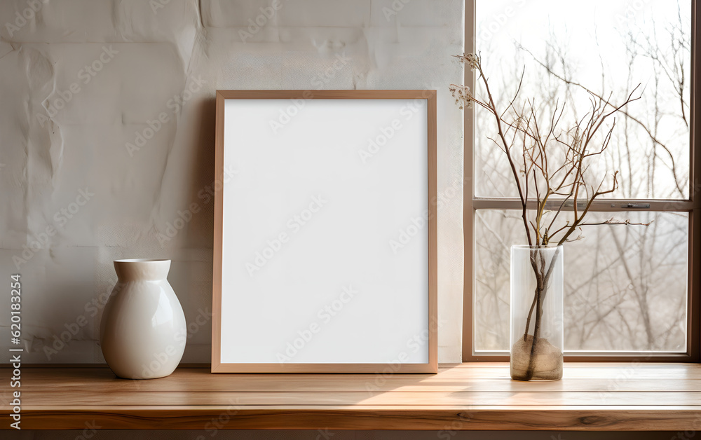Vertical wooden frame mock-up, positioned near a vase with dried flowers on a wooden table in a minimalist setting. Generative AI.