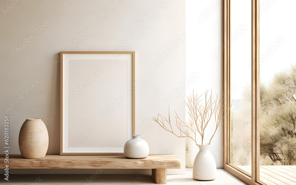 Vertical wooden frame mock-up, positioned near a vase with dried flowers on a wooden table in a minimalist setting. Generative AI.