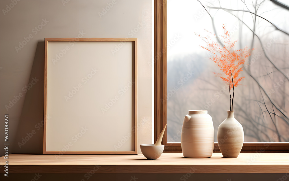 Vertical wooden frame mock-up, positioned near a vase with dried flowers on a wooden table in a minimalist setting. Generative AI.