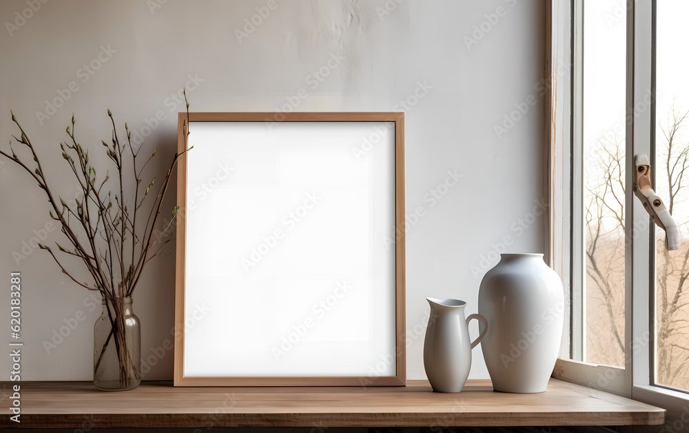 Vertical wooden frame mock-up, positioned near a vase with dried flowers on a wooden table in a minimalist setting. Generative AI.
