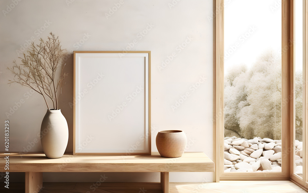 Vertical wooden frame mock-up, positioned near a vase with dried flowers on a wooden table in a minimalist setting. Generative AI.