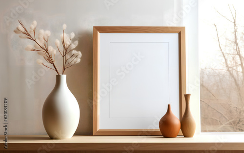 Obraz na płótnie Minimalist interior design featuring an empty wooden frame mock-up beside a modern vase with dry floral arrangement on a wooden table. Generative AI. w salonie