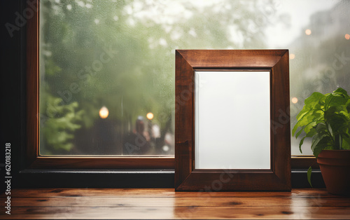Obraz na płótnie Minimalist interior design featuring an empty wooden frame mock-up beside a modern vase with dry floral arrangement on a wooden table on a moody rainy day. Generative AI. w salonie