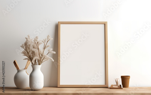 Obraz na płótnie Minimalist interior design featuring an empty wooden frame mock-up beside a modern vase with dry floral arrangement on a wooden table. Generative AI. w salonie