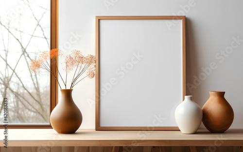 Obraz na płótnie Minimalist interior design featuring an empty wooden frame mock-up beside a modern vase with dry floral arrangement on a wooden table. Generative AI. w salonie