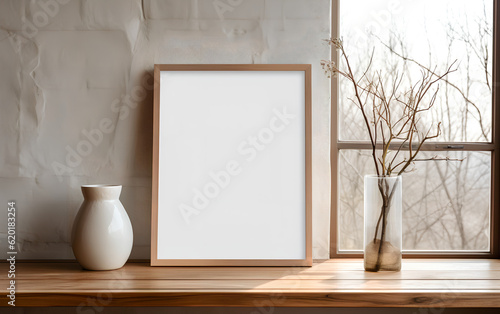 Obraz na płótnie Vertical wooden frame mock-up, positioned near a vase with dried flowers on a wooden table in a minimalist setting. Generative AI. w salonie