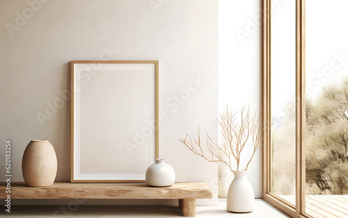 Vertical wooden frame mock-up, positioned near a vase with dried flowers on a wooden table in a minimalist setting. Generative AI.