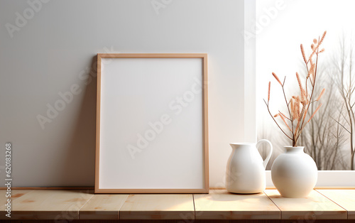 Vertical wooden frame mock-up, positioned near a vase with dried flowers on a wooden table in a minimalist setting. Generative AI.