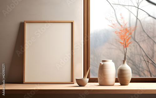 Obraz na płótnie Vertical wooden frame mock-up, positioned near a vase with dried flowers on a wooden table in a minimalist setting. Generative AI. w salonie