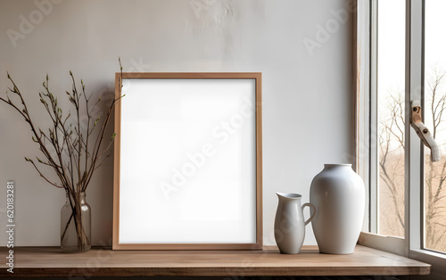Obraz na płótnie Vertical wooden frame mock-up, positioned near a vase with dried flowers on a wooden table in a minimalist setting. Generative AI. w salonie