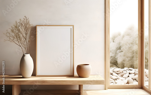 Obraz na płótnie Vertical wooden frame mock-up, positioned near a vase with dried flowers on a wooden table in a minimalist setting. Generative AI. w salonie