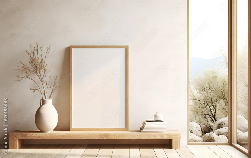 Empty wooden frame mock-up near a modern vase with dry flowers plants on a wooden table. Vertical picture frame mockup. Minimal interior. Generative AI.