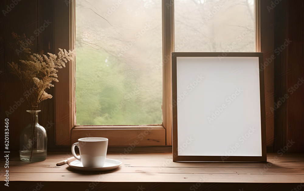 Empty wooden frame mock-up near a modern vase with dry flowers plants on a wooden table. Vertical picture frame mockup. Minimal interior. Generative AI.