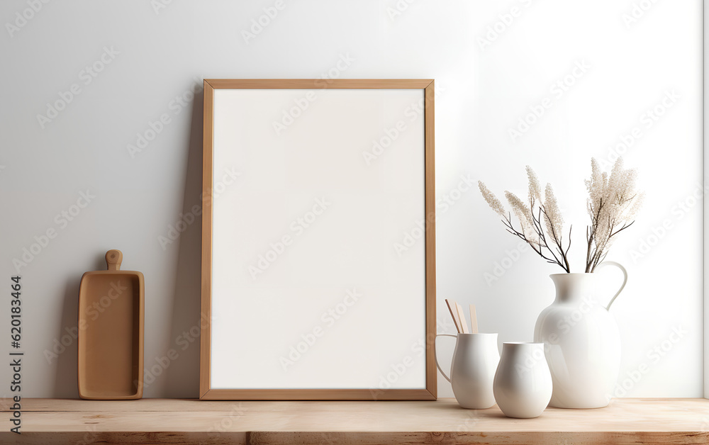 Empty wooden frame mock-up near a modern vase with dry flowers plants on a wooden table. Vertical picture frame mockup. Minimal interior. Generative AI.