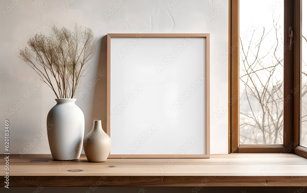 Empty wooden frame mock-up near a modern vase with dry flowers plants on a wooden table. Vertical picture frame mockup. Minimal interior. Generative AI.