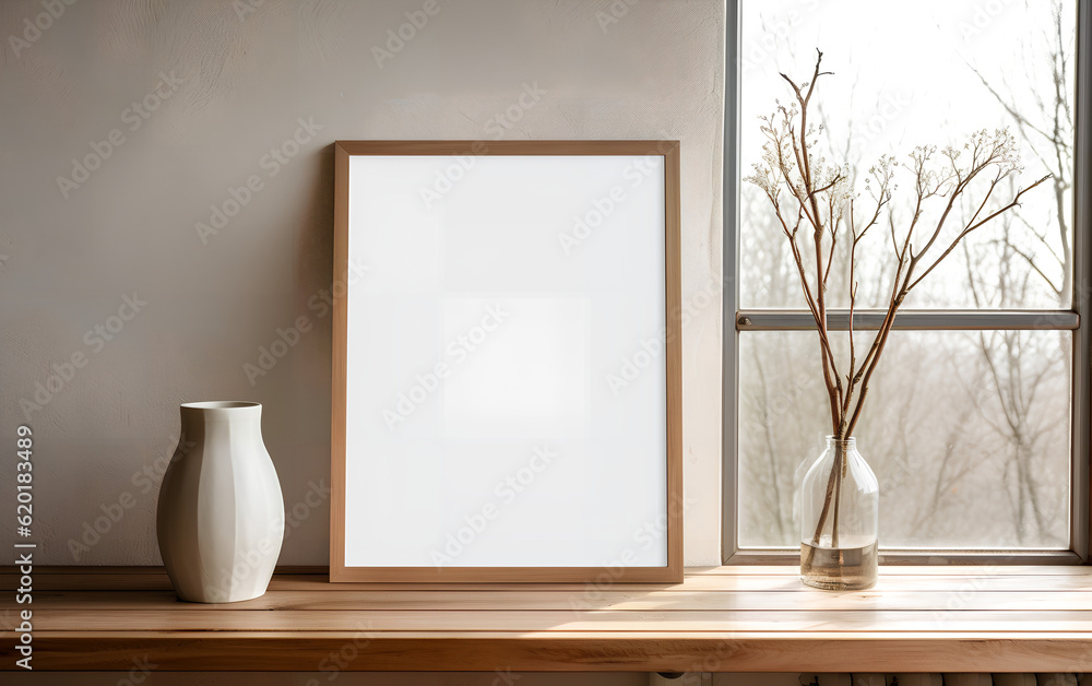 Empty wooden frame mock-up near a modern vase with dry flowers plants on a wooden table. Vertical picture frame mockup. Minimal interior. Generative AI.