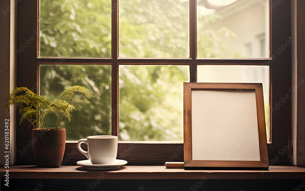 Empty wooden frame mock-up near a modern vase with dry flowers plants on a wooden table. Vertical picture frame mockup. Minimal interior. Generative AI.