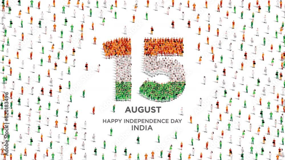 Happy Independence Day India. A large group of people form to create the number 15 as India celebrates its Independence Day on the 15th of August. Vector illustration.