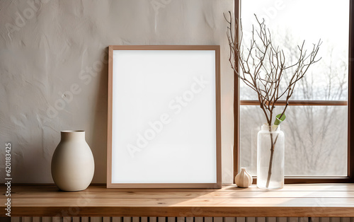 Empty wooden frame mock-up near a modern vase with dry flowers plants on a wooden table. Vertical picture frame mockup. Minimal interior. Generative AI.