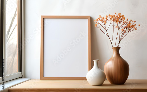 Empty wooden frame mock-up near a modern vase with dry flowers plants on a wooden table. Vertical picture frame mockup. Minimal interior. Generative AI.
