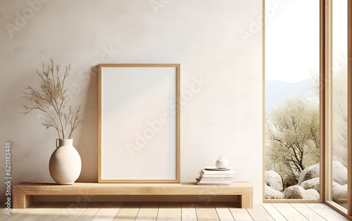 Obraz na płótnie Empty wooden frame mock-up near a modern vase with dry flowers plants on a wooden table. Vertical picture frame mockup. Minimal interior. Generative AI. w salonie