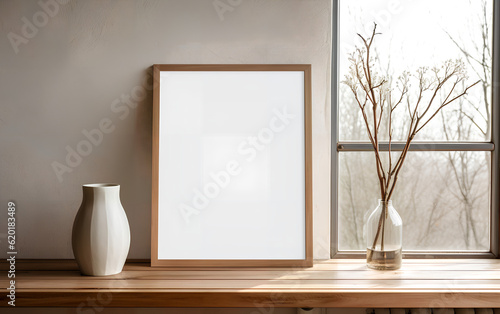 Obraz na płótnie Empty wooden frame mock-up near a modern vase with dry flowers plants on a wooden table. Vertical picture frame mockup. Minimal interior. Generative AI. w salonie