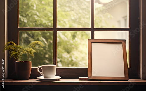 Obraz na płótnie Empty wooden frame mock-up near a modern vase with dry flowers plants on a wooden table. Vertical picture frame mockup. Minimal interior. Generative AI. w salonie