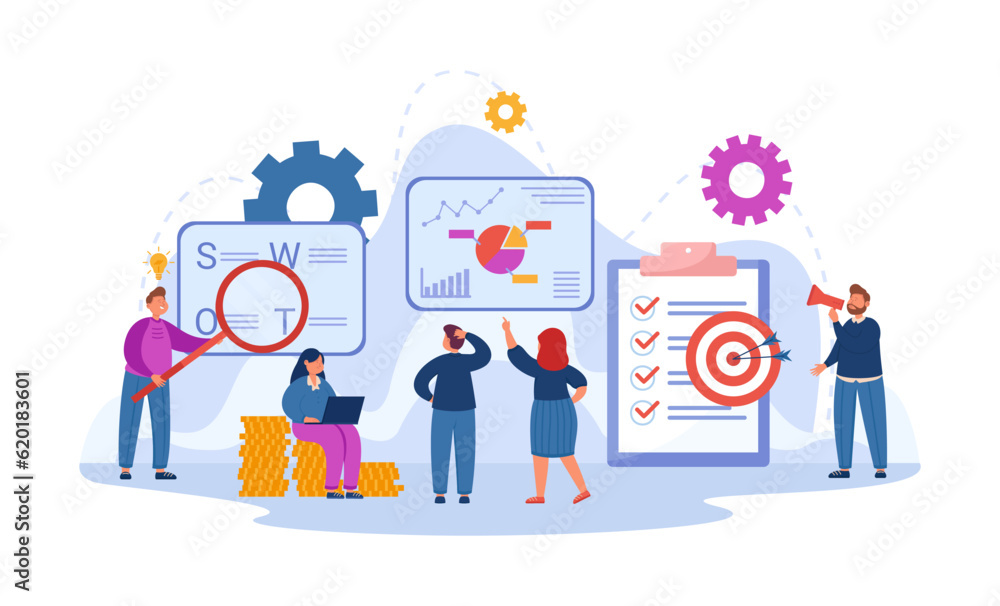 Managers developing business plan vector illustration. People analyzing finances and resources, setting goals, doing market research. Business strategy, financial analysis concept Managers developing business plan vector illustration. People analyzing finances and resources, setting goals, doing market research. Business strategy, financial analysis concept