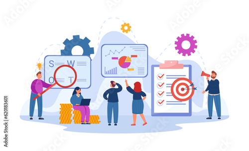 Managers developing business plan vector illustration. People analyzing finances and resources, setting goals, doing market research. Business strategy, financial analysis concept
