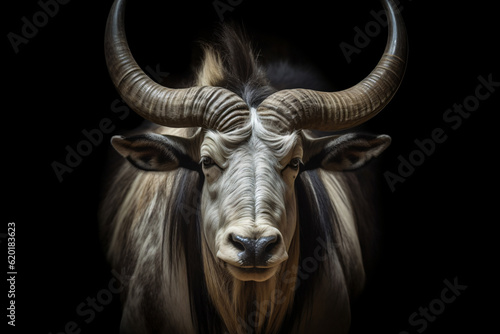Close up of a bull with curved horns on a black background