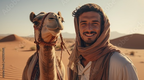 handsome young man with camel in desert adventure, Generaitve Ai © QuietWord