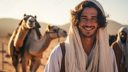 handsome young man with camel in desert adventure, Generaitve Ai © QuietWord
