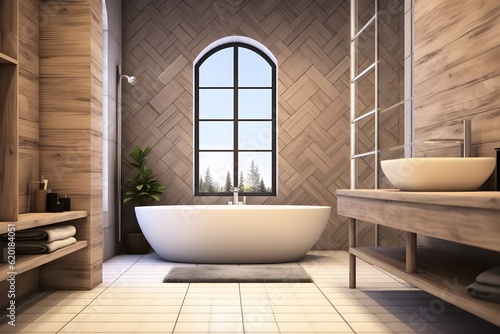 interior design of Modern bathroom interior with wooden decor in eco style. created generative AI