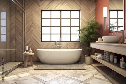 interior design of Modern bathroom interior with wooden decor in eco style. created generative AI © SEUNGJIN