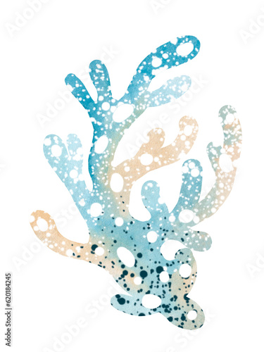 Watercolor illustration of underwater sea corals. Marine underwater plants. Illustration isolated on a white background. Postcard, sticker, sublimation. 