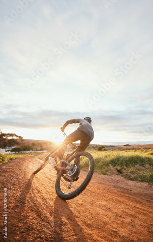 Canvas Print Sports, morning and man of bicycle in nature for training, workout and exercise in countryside