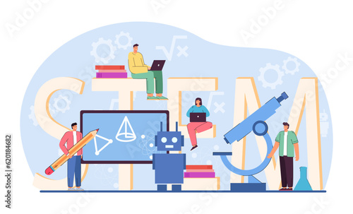 Students learning math and technology vector illustration. Young people using lab equipment, robots and computers to study science, coding and engineering. STEM education, school concept