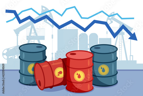 Red and blue oil barrels and downward arrow vector illustration. Cartoon drawing of reduction of industrial crude oil production for stable prices on global market. Industry, energy, economy concept