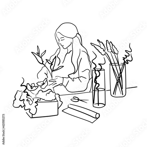 Professional florist working on table. Girl florist with flowers in line-art style on a white background. Creation of bouquets. Flora shop. Vector outline illustration