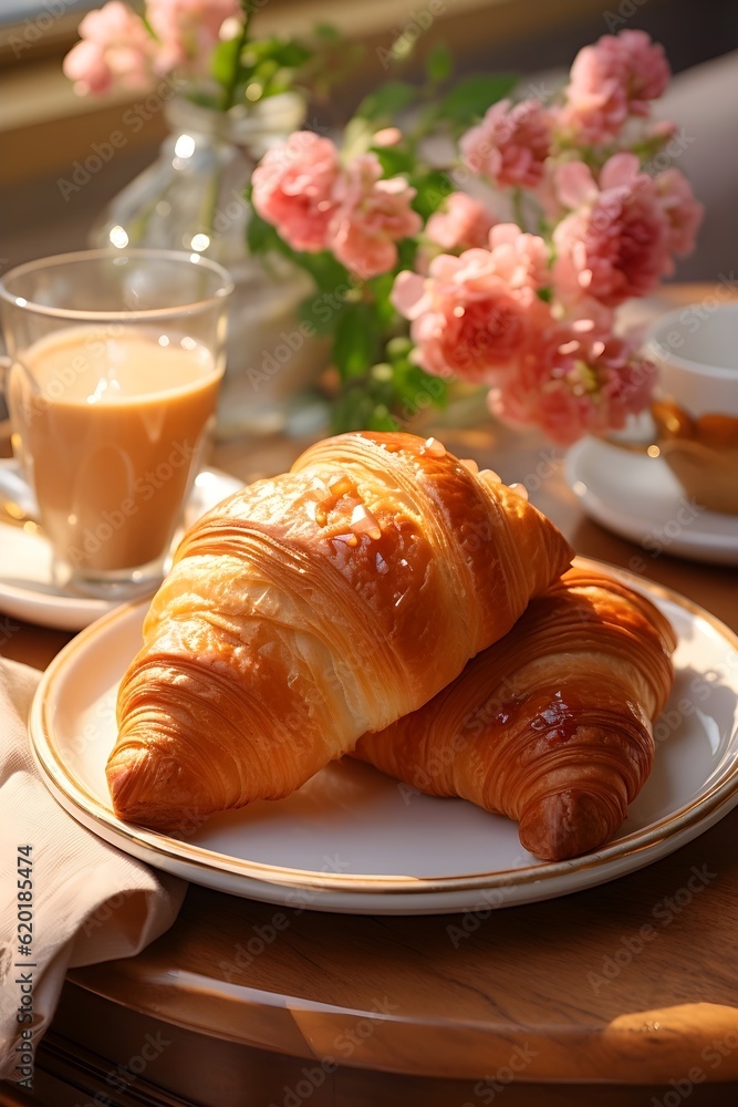 Breakfast table with two croissants and a glass of coffee in sunlight, with rose colored flowers, created with generative ai technology Breakfast table with two croissants and a glass of coffee in sunlight, with rose colored flowers, created with generative ai technology