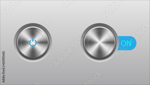3d Button with Skeuomorphism Style. Round buttons with metal frame. Shiny black and white 3d button icons. 3D vector buttons on grey background with light shadows. 3d realistic button illustration.