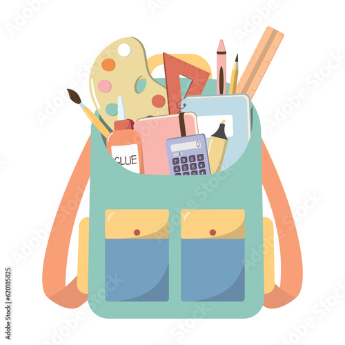 School backpack with stationery. Open school bag with copybooks and stationery. Colored flat vector illustration isolated on white background