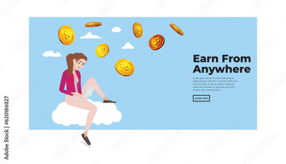 Earn from anywhere concept vector illustration. Girl sitting on cloud and using his laptop and earning money. Earn from anywhere concept vector illustration. Girl sitting on cloud and using his laptop and earning money.