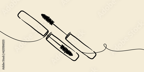 Mascara cosmetics outline. Eyeliner makeup continuous one line drawing. Decorative eyebrow cosmetics on yellow background